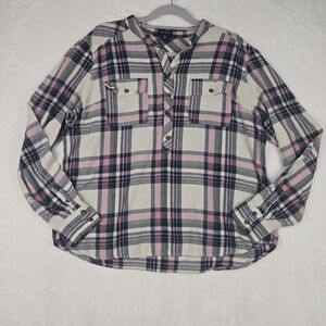 I‎ ♡ Ronson Womens Pink Blue Plaid Blouse Size XL 1/4 Button Pockets